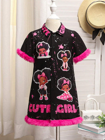 Girls" Cool Fun Ink-Splatter Pattern Printed Dress With Furry Hem And Shirt Collar Design For Toddler Girls