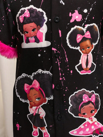 Girls" Cool Fun Ink-Splatter Pattern Printed Dress With Furry Hem And Shirt Collar Design For Toddler Girls