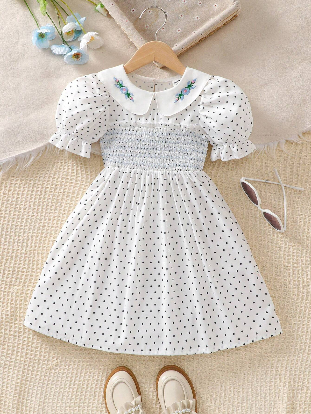 Girls' Elegant Polka Dot Printed A-Line Dress With Doll Collar And Embroidery, Short Sleeve