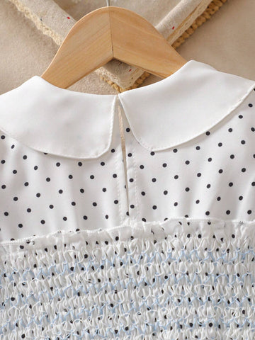 Girls' Elegant Polka Dot Printed A-Line Dress With Doll Collar And Embroidery, Short Sleeve