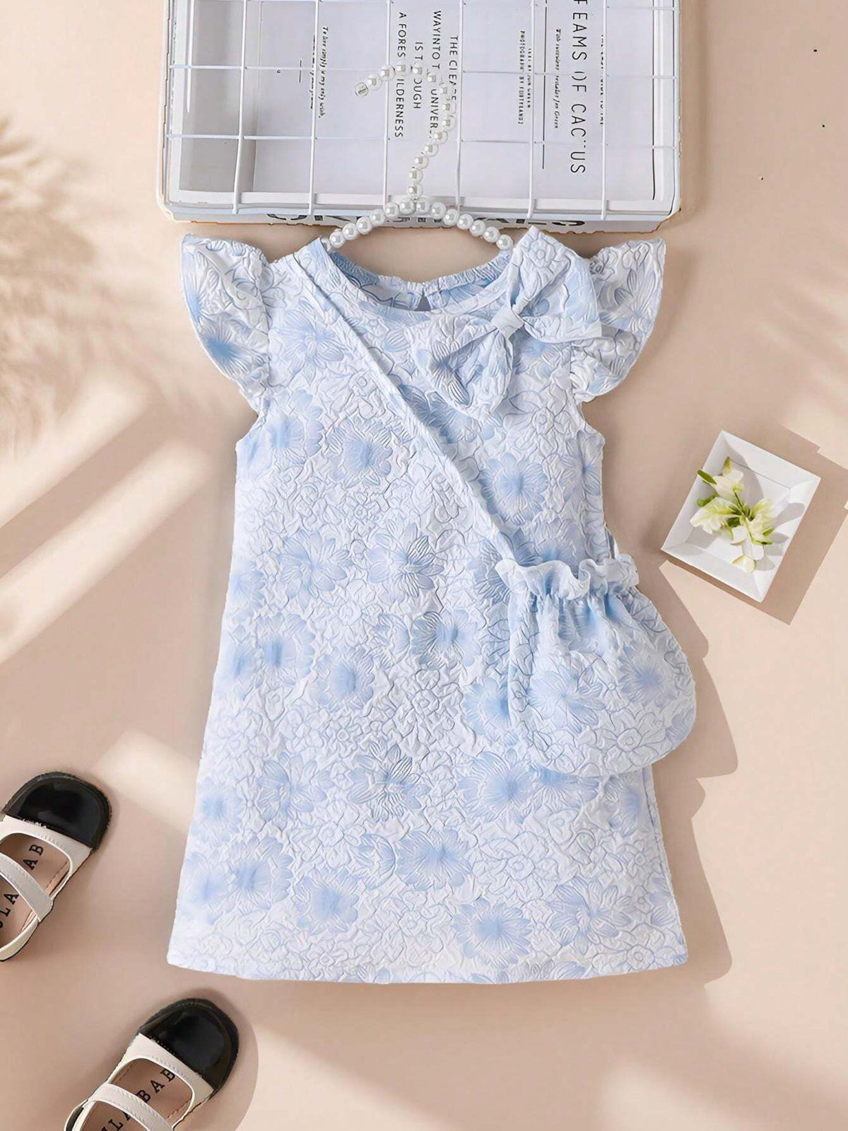 Girls' Fashionable Cap Sleeve Dress With Embossed Floral Print And Water Drop Buckle Detail + Bag