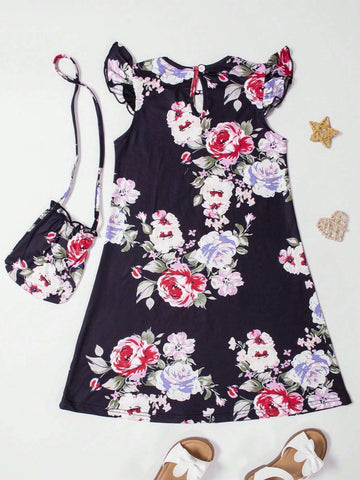 Girls" Pleated Round Neck Sleeveless Dress + Backpack, Children Flower Summer Outdoor Clothing