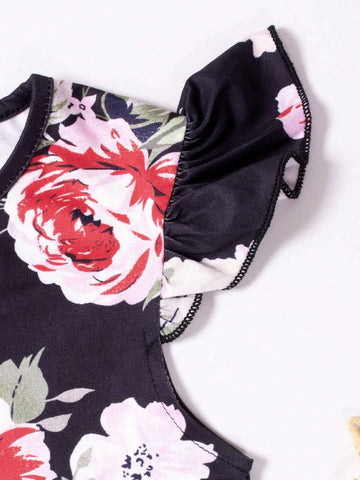 Girls" Pleated Round Neck Sleeveless Dress + Backpack, Children Flower Summer Outdoor Clothing