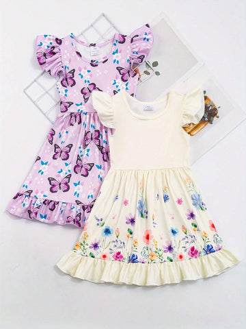 Girls Ruffle Sleeve Dress With Butterflies And Flowers Print - Comfy And Casual Summer Party Dress