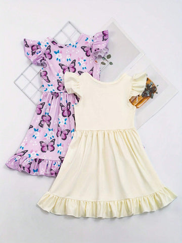 Girls Ruffle Sleeve Dress With Butterflies And Flowers Print - Comfy And Casual Summer Party Dress