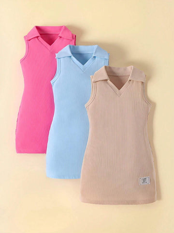 Girls' Solid Color Sleeveless V-Neck Dress 3-Piece Set With Elegant