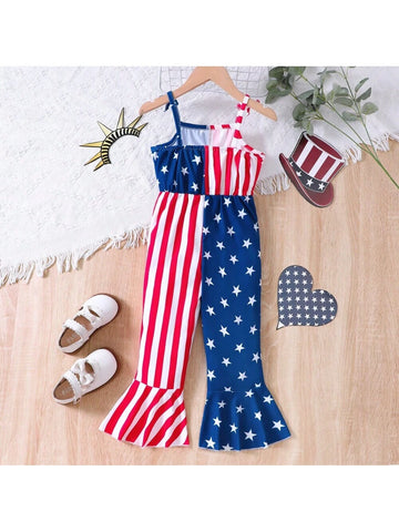 Girls" Summer Jumpsuit With Patchwork Bowknot Straps, American Flag Stars And Stripes Print Bell-Bottomed Trousers For Independence Day