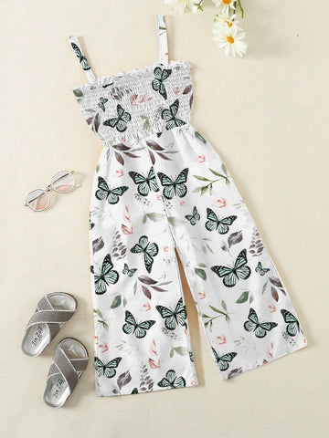 Girls" Summer New Butterfly Printed Jumpsuit, Kids" Casual Strap Romper For Toddlers And Children