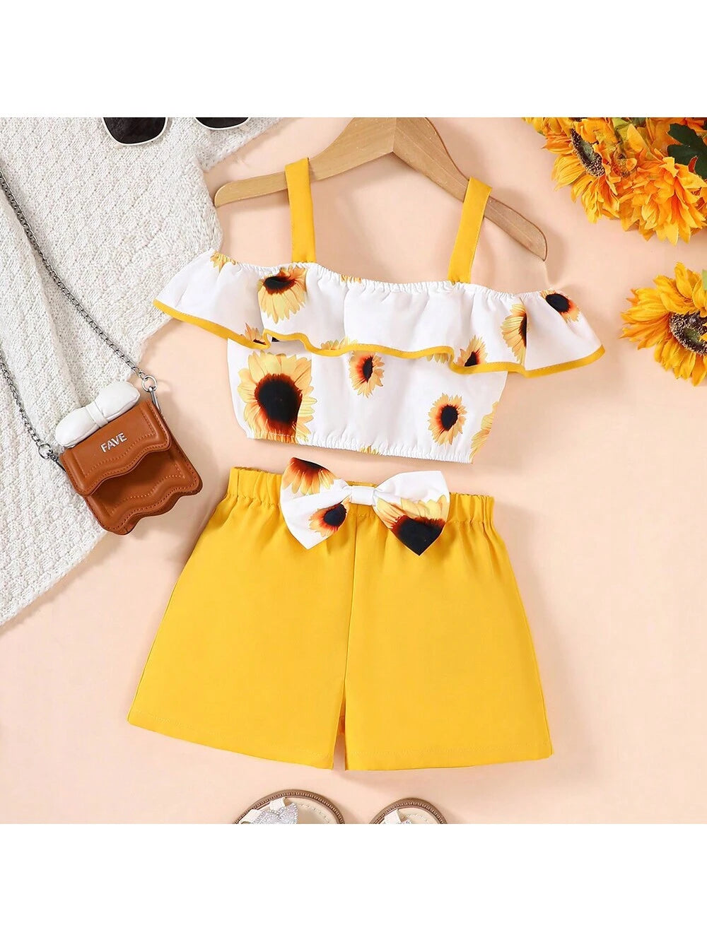 Girls" Summer Sunflower Printed Tank Top With Bowknot Shorts Vacation Style 2pcs/Set Outfits