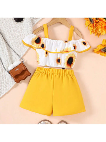 Girls" Summer Sunflower Printed Tank Top With Bowknot Shorts Vacation Style 2pcs/Set Outfits