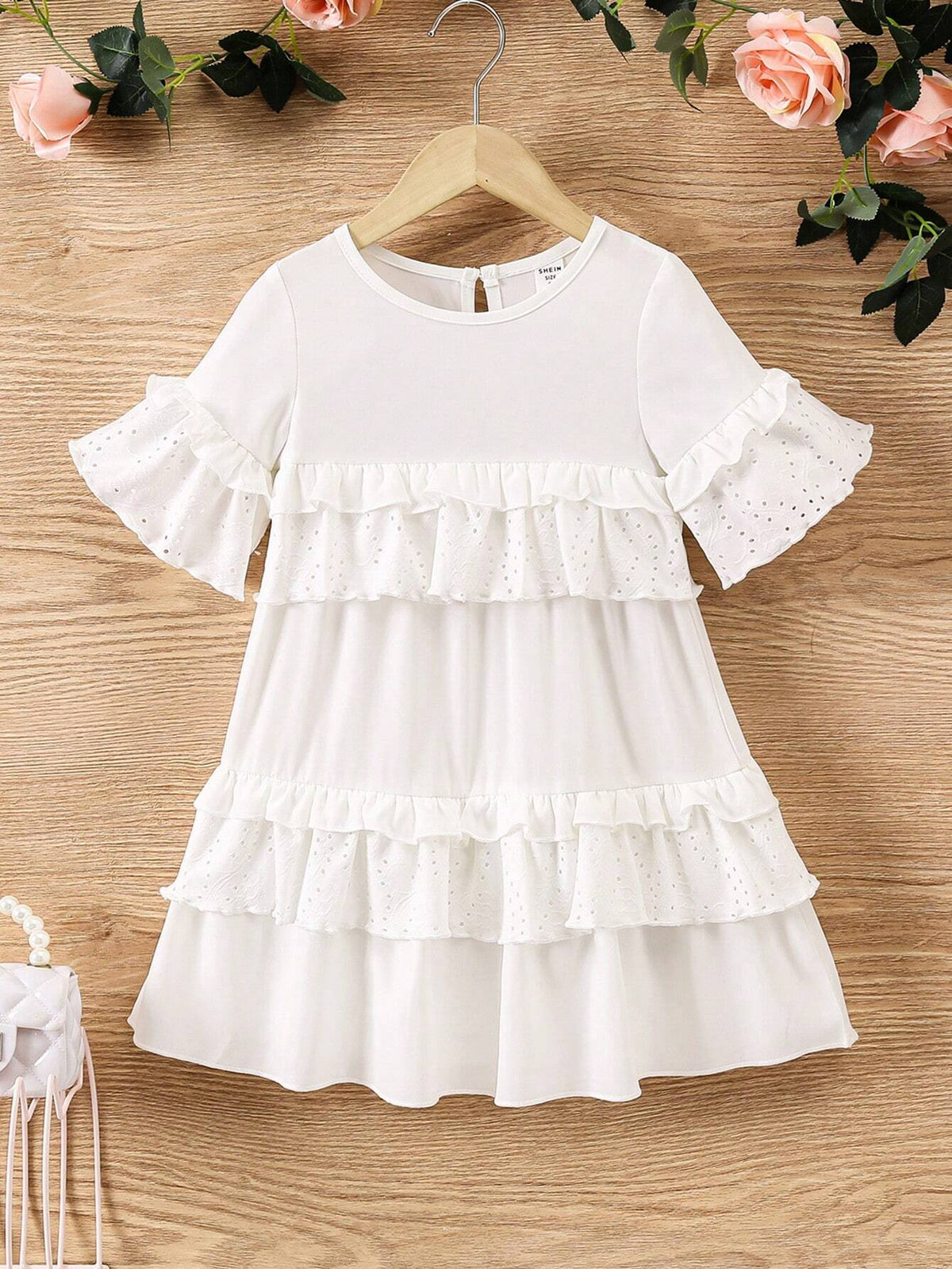 Girls" White Hollow Multilayer Pleated Dress, Fashionable And Versatile With Mushroom Lace Trim And Cute Casual Short Sleeves, Spring And Summer New Style