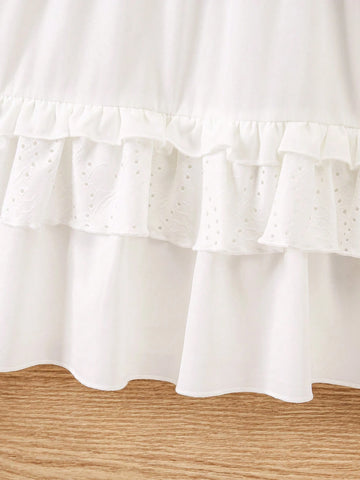 Girls" White Hollow Multilayer Pleated Dress, Fashionable And Versatile With Mushroom Lace Trim And Cute Casual Short Sleeves, Spring And Summer New Style