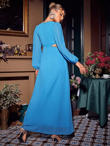Glamaker Solid Color Sleeveless V-Neck Cut Out Floral Pattern Slit Dress