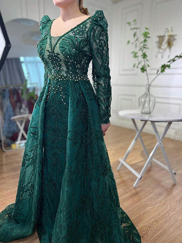 Green Women'S Lace Beaded Bubble Long Sleeve Evening Dress With Train Gowns For Women Party