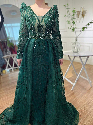 Green Women'S Lace Beaded Bubble Long Sleeve Evening Dress With Train Gowns For Women Party