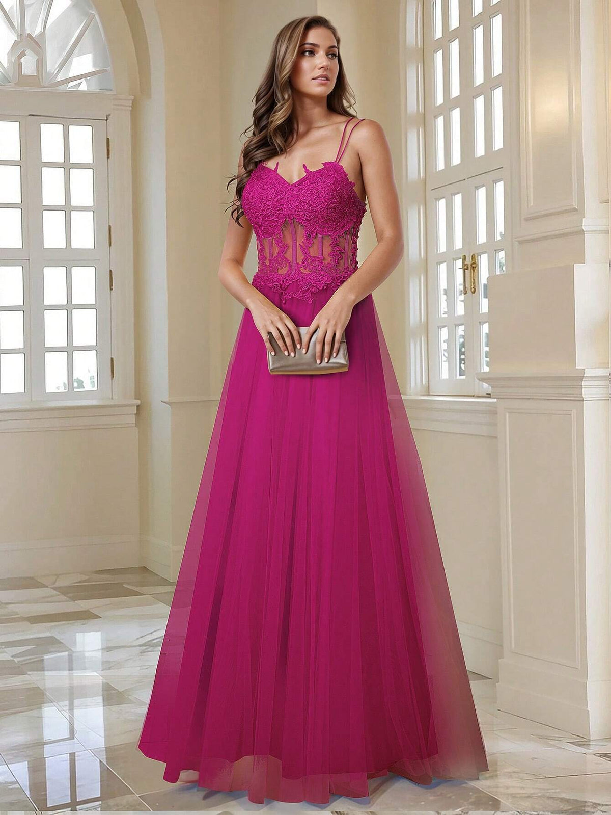 HOMEYEE Lace Mesh Patchwork Beaded Cocktail Evening Dress, Sexy And Elegant, Perfect For Weddings, Bridesmaids, Parties