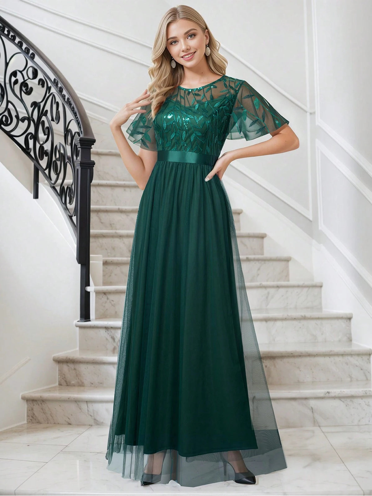 HOMEYEE Round Neckline Dressy Mesh Dress With Ruffle Sleeves And Sparkly Sequin Detailing, Great For Vacation And Evening Party