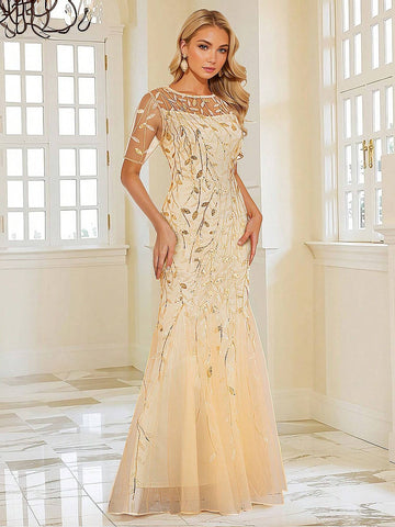 HOMEYEE Short-Sleeved Round Neck Glitter Sequin Embroidered Mesh Sheer Elegant Evening Party Dress