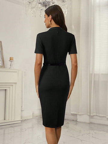 HOMEYEE Solid Shawl Collar Belted Bodycon Dress