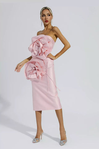 Haley Pink Floral Strapless Midi Evening Dress
