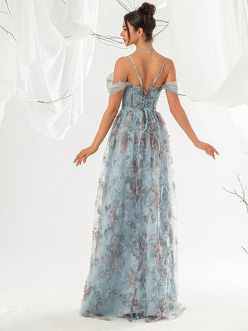 Hollow Out Shoulder Floral Print Blue Evening Gown With Sheer Mesh Fabric