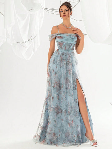 Hollow Out Shoulder Floral Print Blue Evening Gown With Sheer Mesh Fabric