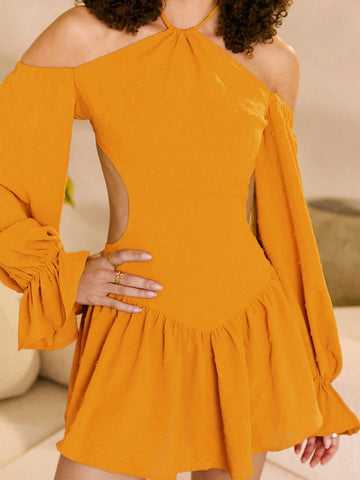 Irina Savchenko Solid Color Halter Neck Hollow Out Ruffle Hem Maxi Dress