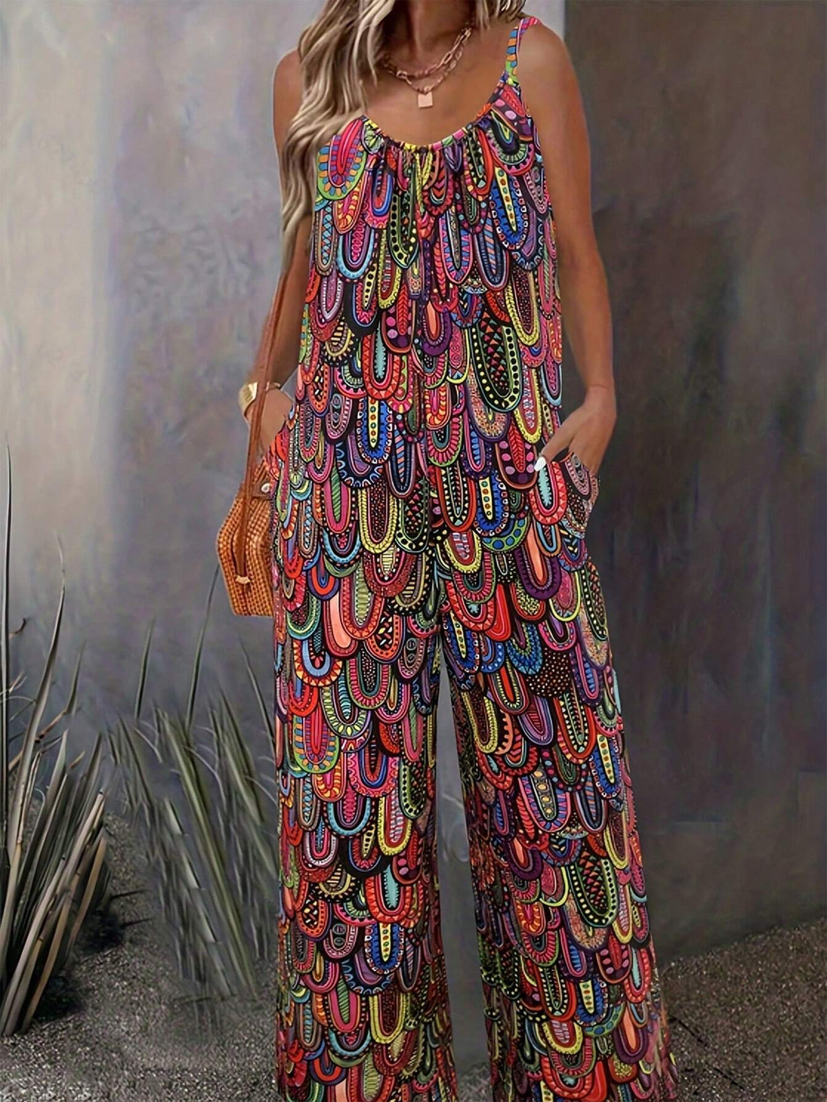 Irregular Printed Vacation Style Spaghetti Strap Jumpsuit For Spring And Summer