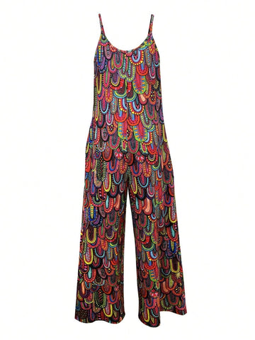 Irregular Printed Vacation Style Spaghetti Strap Jumpsuit For Spring And Summer