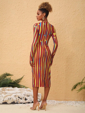 Women's Color Block Stripe Twisted Bodycon Long Sleeve Dress