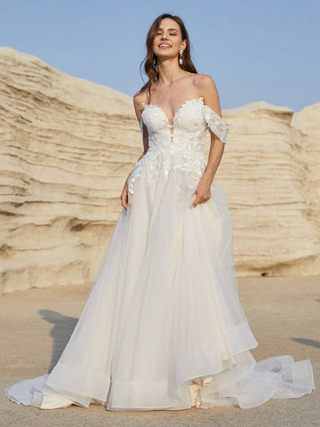 Lace Patchwork Off Shoulder Deep V-Neck Wedding Dress