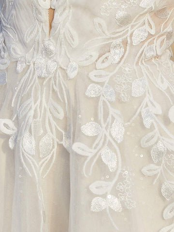 Lace Patchwork Off Shoulder Deep V-Neck Wedding Dress