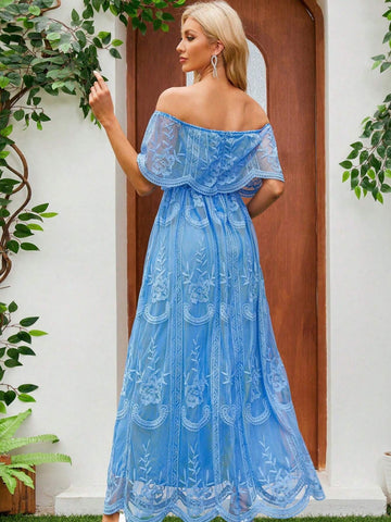 Ladies' Elegant Off-Shoulder Solid Color Lace Dress With Waistband For Prom, Evening Party