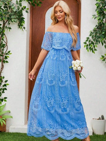 Ladies' Elegant Off-Shoulder Solid Color Lace Dress With Waistband For Prom, Evening Party