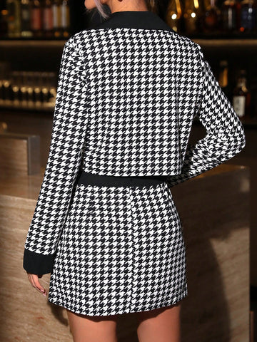 Ladies' Houndstooth Pattern Collar Jacket And Skirt Set