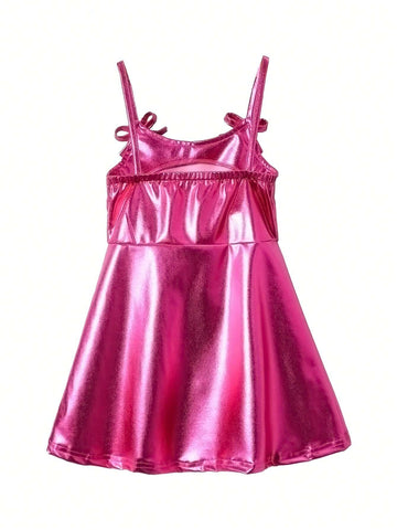 Laser Holographic Y2K Bow Detail Bowknot Cami Dress Single Piece In Gold, Pink And Silver