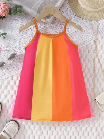 Little Girls' Casual Multicolor Spliced Strap Dress