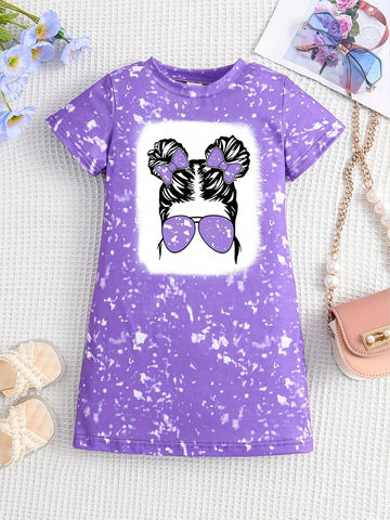 Little Girl's Fashionable Cute Bowknot Double Buns Hairstyle Cartoon Print Short Sleeve T-Shirt Dress With Characters