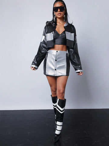 Luxe Colorblock Detachable Jacket & Skirt Set