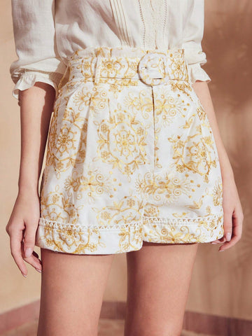 MOTF PREMIUM FLORAL EMBROIDERY BUCKLE BELTED SHORTS