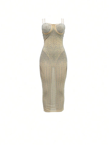 Mesh Perspective Diamond-Studded Spaghetti Strap Dress
