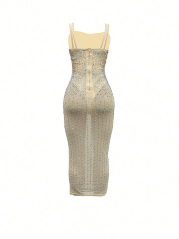 Mesh Perspective Diamond-Studded Spaghetti Strap Dress
