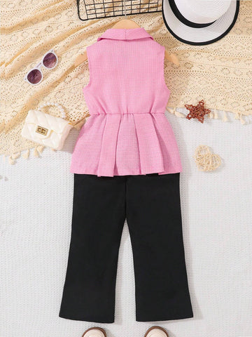 Mexican Girls' Pink Fabric Sleeveless Top With Buttons And Hand-Pleated Skirt Hem Black Flare Jumpsuit For Summer