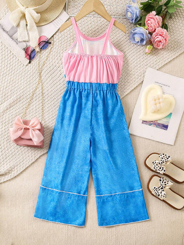 Mexico Children Day New Summer Jumpsuit For Girls, Colorful Fashionable Dope Neck Hanging Pink Top, Digital Print Denim Patchwork Pants, Versatile Style For Changeable Seasons