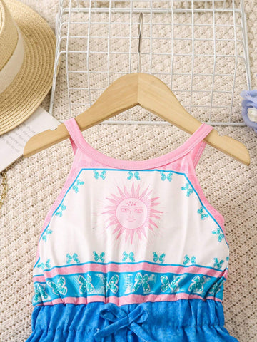 Mexico Children Day New Summer Jumpsuit For Girls, Colorful Fashionable Dope Neck Hanging Pink Top, Digital Print Denim Patchwork Pants, Versatile Style For Changeable Seasons