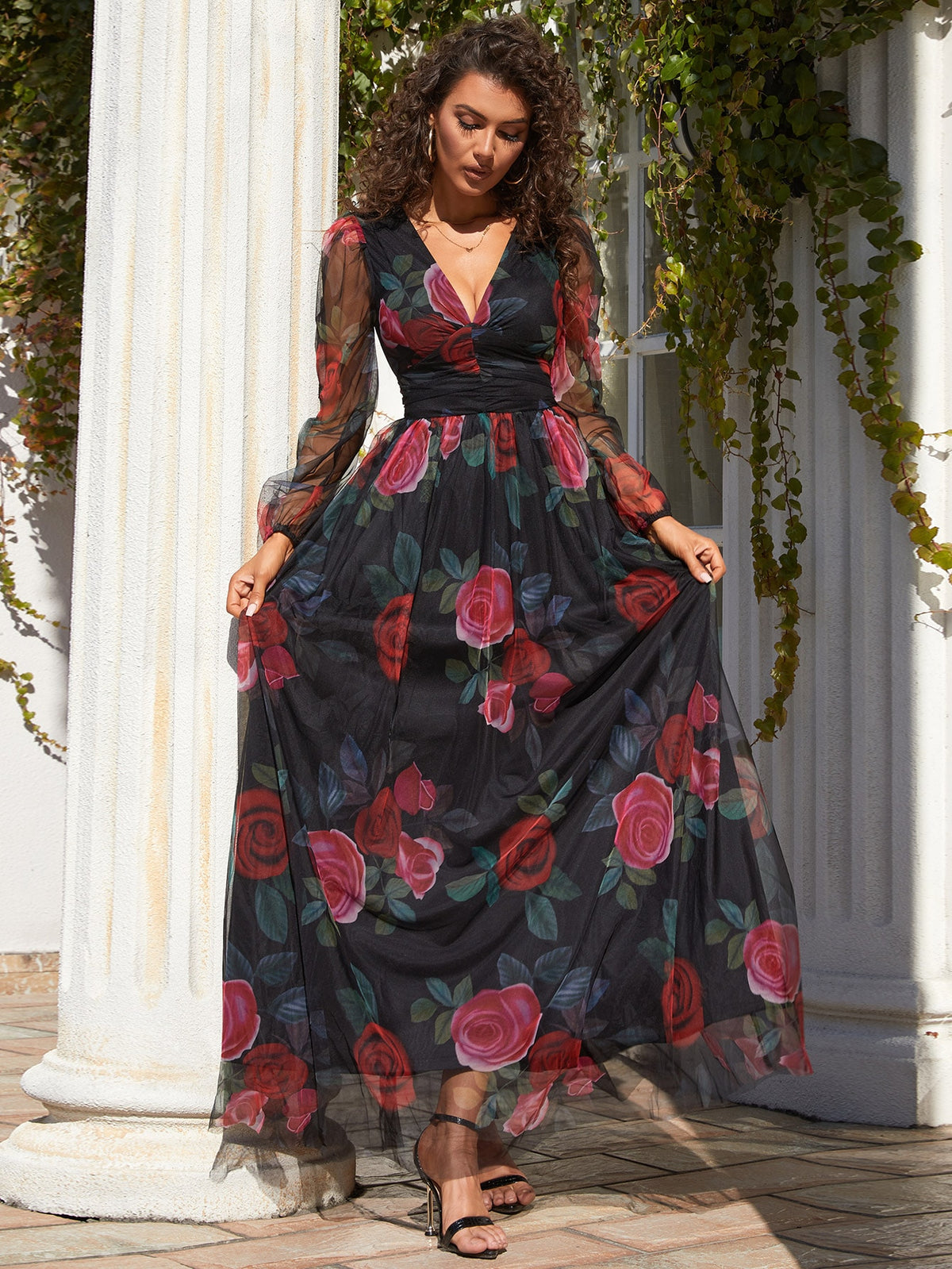 Missord Floral Print Lantern Sleeve Ruched Mesh Maxi Dress