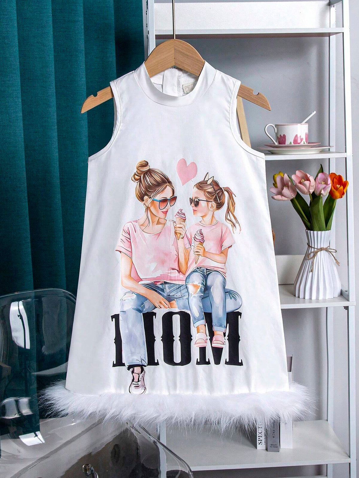 Mother Day Young Girls And Their Mothers Print Stand Collar Faux Fur Trim A-Line Dress, Suitable For Holiday Beach Vacation In Summer