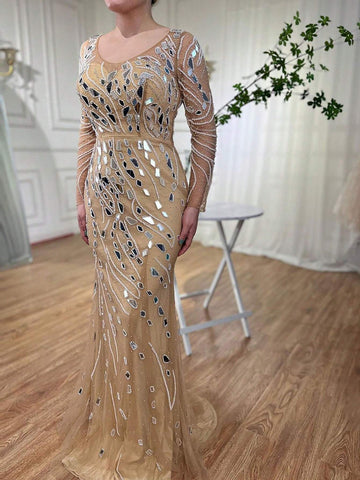 Muslim Gold Mermaid With Overskirt Beaded Long Evening Dresses Elegant Gowns For Women Wedding Party 2024