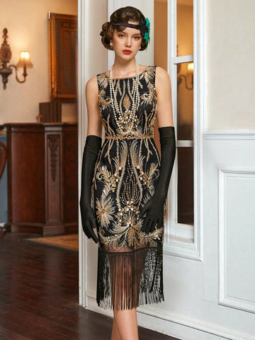 New Arrival Gold And Black Sequins Fringed 1920s Dress For Prom