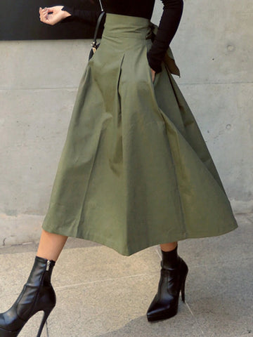 New Arrived A-Line Umbrella Skirt With Bowknot, Japanese Style Swing Slim Fit Self-Tie Waist Long Skirt